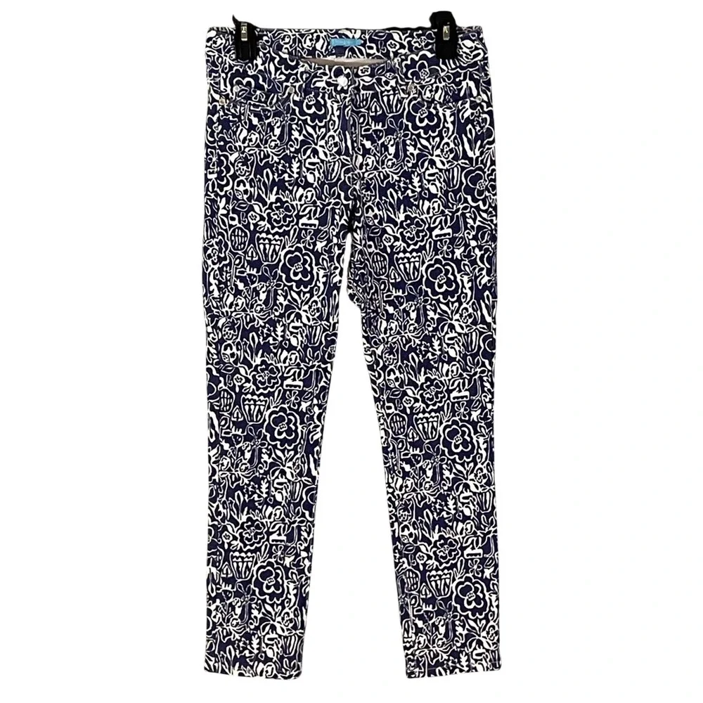 J.McLaughlin Lexi Jeans Womens 2 Navy White Floral Print Slim Straight Crop Pant